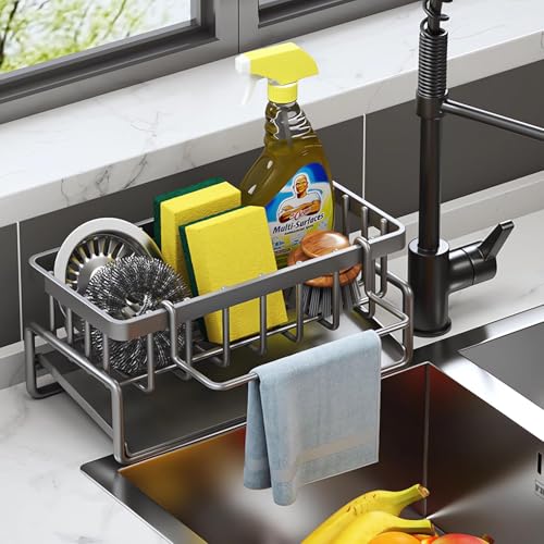 WOGOPRO Organizador de fregadero, organizador de cocina, soporte de esponja con bandeja de drenaje autodrenante y soporte para paños de cocina y baño, organizador para cepillos, esponja y jabón