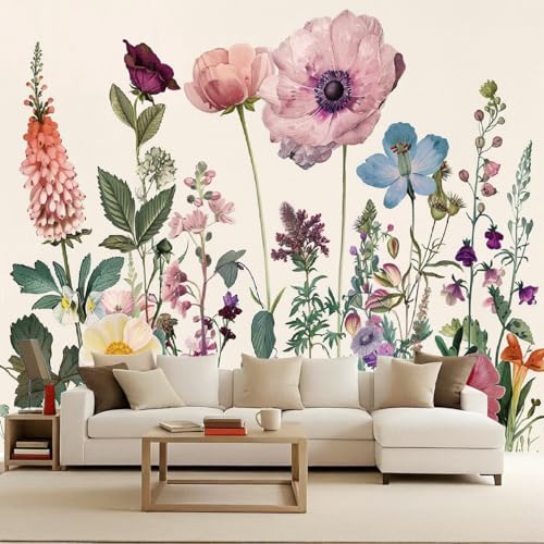 Papel Tapiz Fotográfico 300x210 cm Flores Colorida Acuarela Plantas 3D Murales Tejido No Tejido Mate‌ Póster Moderna Fotomurales Para Cuarto de Niño Salón Dormitorio Oficina Decoración de Pared
