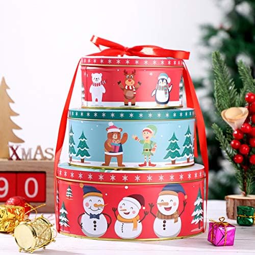 HEMOTON Christmas Cookie Cake Storage Tins Premium 3 Pack Empty Round Christmas Tinplate Box Cookie Containers with Lids for Storing Candies Biscuits Chocolate Tea Treat Small Gift and More