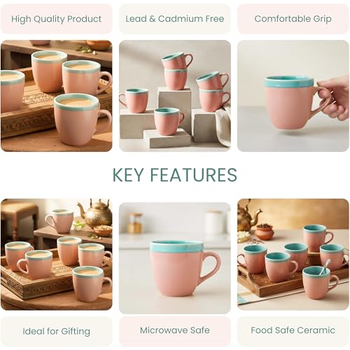Image of The Earth Store Pink Flow Ceramic Tea Cup Set of 6 for Tea | 220ML Each | Microwave & Dishwasher Safe | Perfect for Every Occasion Chai | Coffee Cups for Home, Office, Gifting & Daily Use
