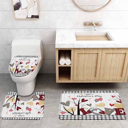 Valentine's Day 3 Pcs Bath Rugs Set,Buffalo Check Plaid Love Heart Tree Farmhouse Romantic Sweet Couple Woman Bathroom Kitchen Rug with 17.8