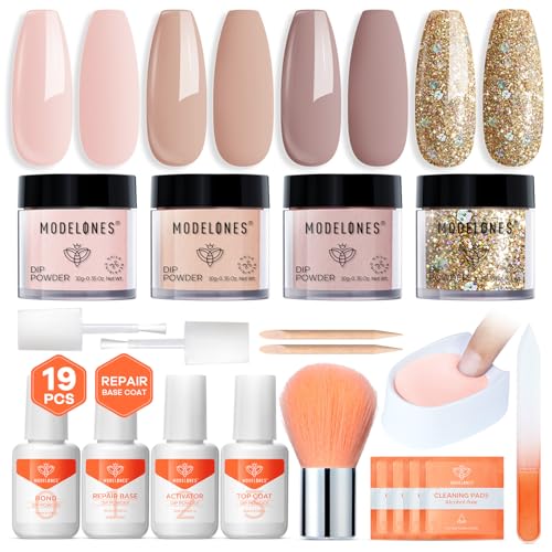 modelones Dip Powder Nail Kit, 4 Colors Nude Pink Gold Dip Powder Set