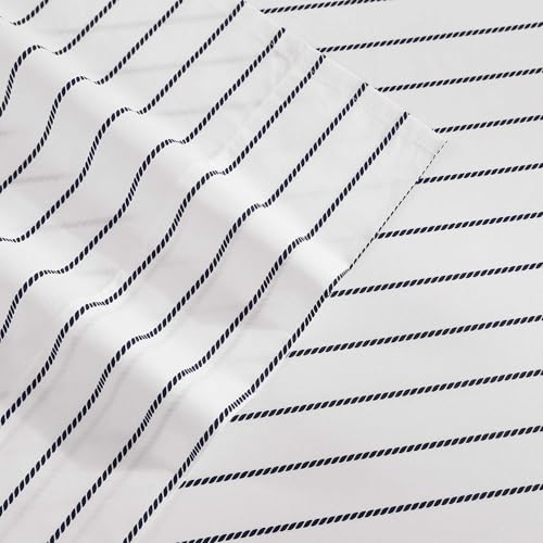 Image of Tommy Hilfiger - King Bed Sheets, Crisp & Cool Cotton Percale Bedding with Matching Pillowcases, Lightweight Bed Set, Oeko-Tex Certified (Rope Stripe Blue)