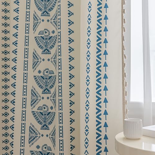 Image of Blue Geometric Curtains 96 Inches Long, Boho Farmhouse Light Filtering Rod Pocket Drapes with Tassel Trim for Bedroom Living Room, 2 Panels