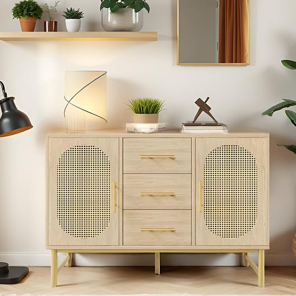 KUIKUI Rattan Sideboard for Living Room, Living Room Cabinets with Adjustable shelf, Accent Storage Cabinet with 3 Drawers and 2 Doors for Dining Room and Bedroom, Oak