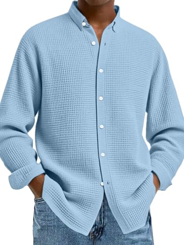 Mokaloha Mens Long Sleeve Shirts Waffle, Men's Casual Solid Color Waffle Button Long Sleeve Shirt2