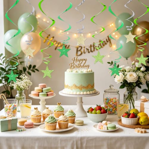Image of BEISHIDA Green Gold Glitter Stars Hanging Swirls Pre-Strung Hanging Ornament Decorations for Baby Shower Wedding Birthday Party Decorations Supplies,Pack of 15