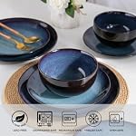 LERATIO Ensembles de repas en céramique pour 8,Assiette en grès et bols, sertie de glaçure réactive à la main, résistante au criblage et résistante au grattage & Micro-ondes Safe-Blue(24PCS)