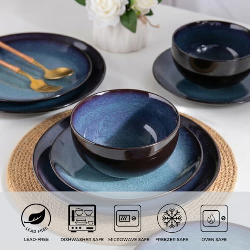 Image of LERATIO Ceramic Dinnerware Sets for 8,Stoneware Plates and Bowls Sets,Handmade Reactive Glaze Dishes Set,Chip Resistant and Scratch Resistant | Oven&Dishwasher & Microwave Safe-Blue(24PCS)