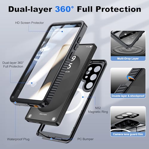 Image of ANTSHARE IP68 Waterproof Case for Samsung Galaxy S25 Ultra [2025] - MagSafe Compatible, Built-in Screen /Lens Protector - Shockproof Full Body Protection for Swimming /Outdoor, Black /Clear