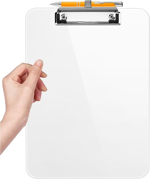 Clear plastic letter-size clipboard with built-in pen holder