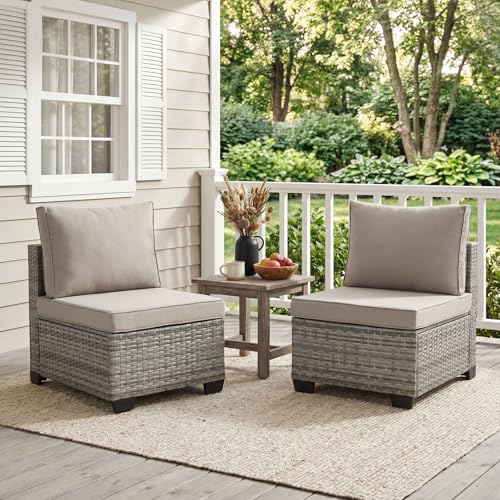 ANJ Outdoor Wicker Patio Chairs Set of 2, Modular Armless Patio Seating with Thick Cushions, All-Weather Rattan Conversation Chair Set for Porch, Balcony, Garden, Backyard, Light Grey Wicker-Grey