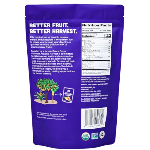 Mavuno Harvest Tropical Mix Dried Fruit Snack | Unsweetened Organic Mixed Dried Fruit | Gluten Free Healthy Snacks for Kids and Adults | No Sugar Added, Vegan, Non GMO | 1 Pound Resealable Bag