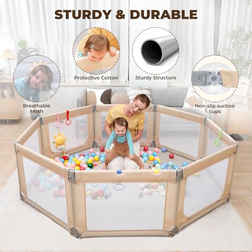 Image of Dripex Baby Playpen, 71 inchx69 inch Extra Large Play Pen for Babie, Beige | Foldable, Variable Shape, 8 Removable & Assemblable Panels, Breathable Visible Mesh, Indoor /Outdoor Use