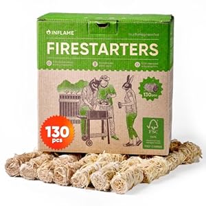 Inflame Fire Starters 130 pcs Fire Starters for Campfires, Grill, BBQ, Fireplace, Woodstove – Charcoal Starter – Waterproof, Weather-Resistant – Natural Wood Fireplace Starters
