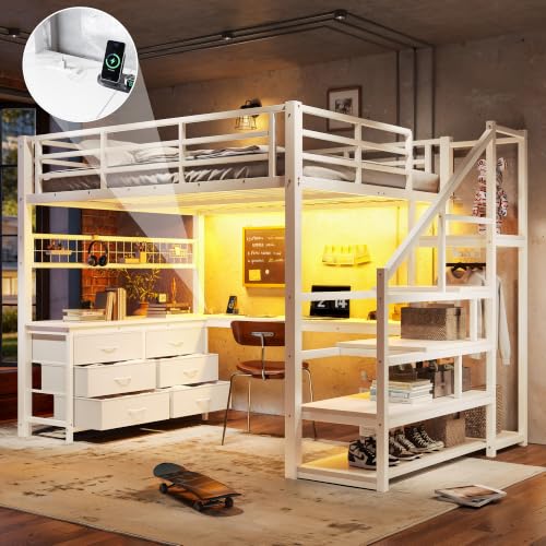 Image of Bellemave Full loft Bed with Storage Stairs, Wardrobe, Shelves, Metal Full Loft Bed Frame for Adults, Kids, Teens, White