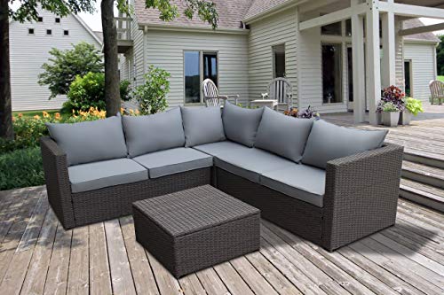 78" Wide L-Shaped 4 Pieces Patio Furniture Set, Outdoor Sectional Sofa With Ottoman Square Storage Coffee Table, Modern Brown Rattan Wicker With Comfort Cushion Seats - Light Grey - Oliver & Smith #TOP11