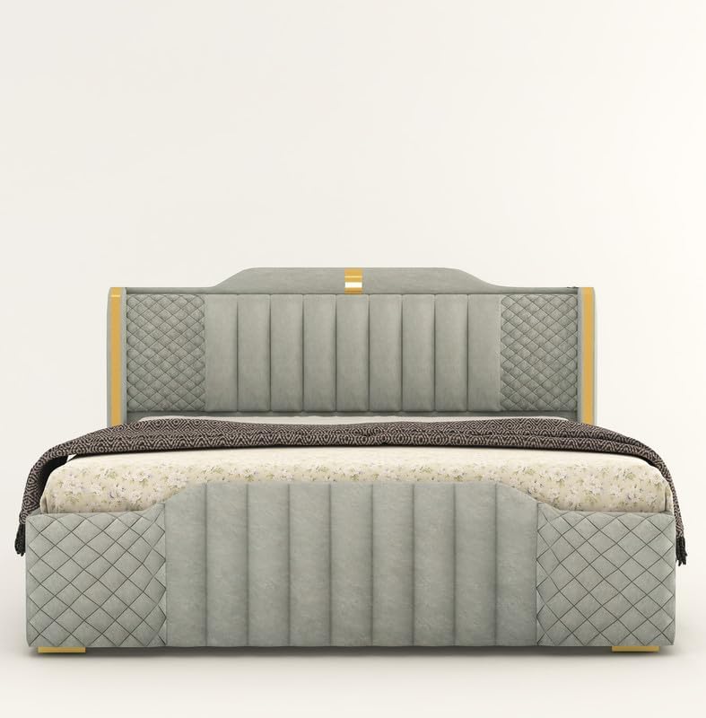 Image of Aesthetic crafts Modern Upholstered King Size Bed with Box Storage for Bedroom | Wooden Double Bed with Storage | Platform Cot Bed with Upholstery Premium Fabric | 6.5 x 6 Ft, Sheesham Wood, Grey