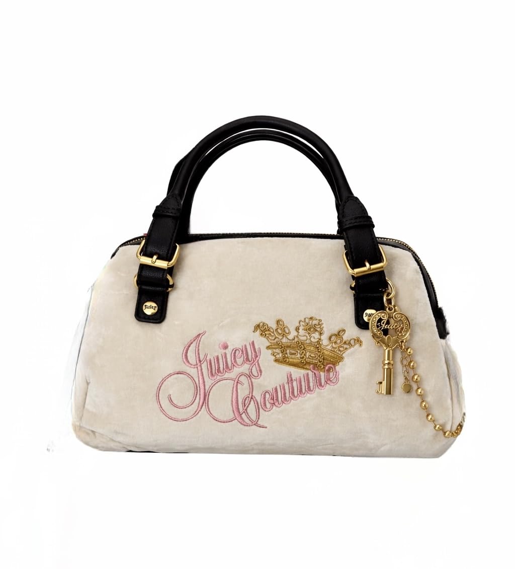 Juicy Couture Women’s The Key To Juicy Satchel Handbag with Embroidered Logo & Gold Crown Charm, Shoulder Strap