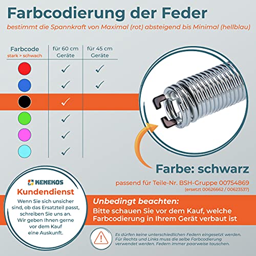 Kenekos - Türfeder mit Seilzug Reparatursatz kompatibel mit Bosch Spülmaschine Siemens Viva, Neff, Constructa, wie 00754869/754869 Inhalt: 2X Feder (Farbcode Schwarz), 2X Seilzug + Montageanleitung