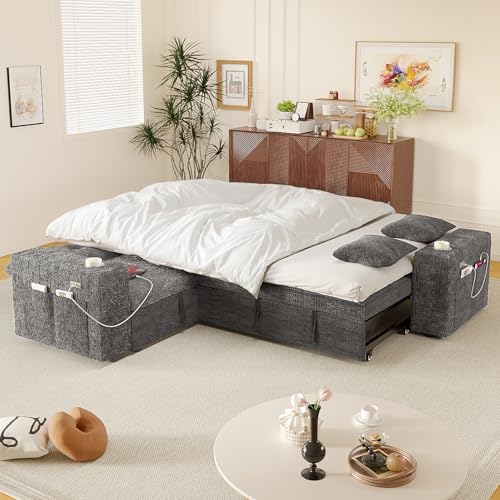 Image of Modular Sectional Sleeper Sofa with Pull Out Bed, 84 Inch L Shaped 5 Seat Couches for Living Room, Chenille Fabric Cloud Couch Bed with Storage & Reclining Backrest, USB Charging, Grey