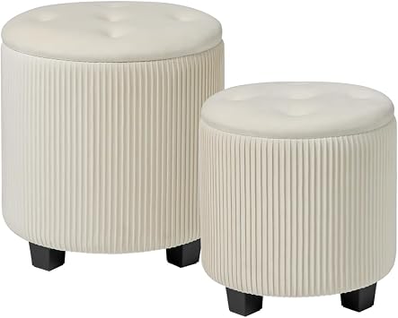 BLEXA Big Round Ottoman with Storage Set of 2, Upholstered Velvet Vanity Stool for Makeup Multifunctional Foot Rest Coffee Table Padded Seat Tufted Ottomans for Living Room&Bedroom Large White