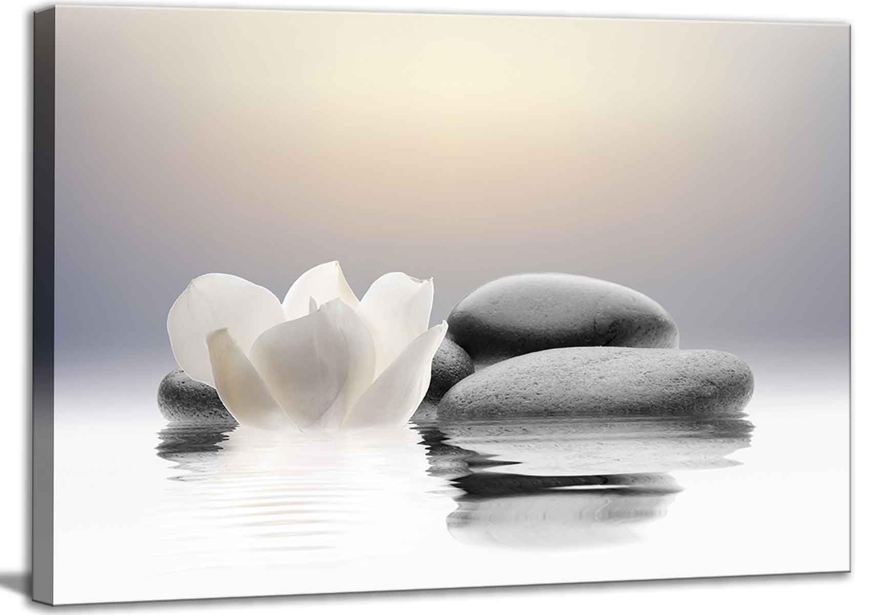 Zen Canvas Wall Art white Lotus Flowers and Black Massage Stones Spa Picture Wall Decor Poster Print Suitable for Yoga Meditation Room Bathroom Bedroom Study Home Decoration