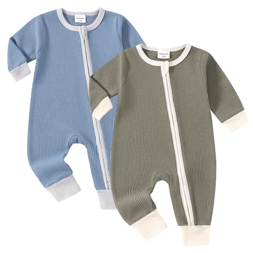 Image of Yookoom Baby 2 Pack Rompers Long Sleeve Waffle Two Way Zipper One-Piece Romper Cotton Jumpsuit Outfits