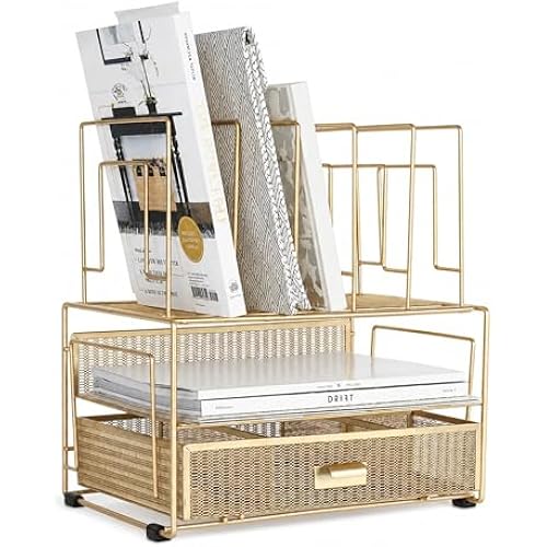 BLU MONACO | Gold Desk Organizer With Drawer | Metal Mesh File Holder & Vertical File Organizer | Desktop Storage for Office Supplies, Papers & Folders | 9.3" D x 13" W x 14" H