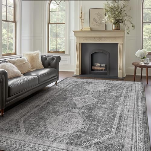 GENIMO 5x7 Area Rug for Living Room, Non Slip Machine Washable Low Pile Large Rug, Gray Indoor Vintage Lightweight for Bedroom, Dining Room & Home Office