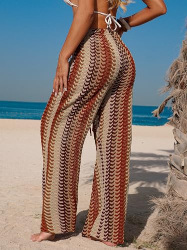 Image of ZAFUL Womens Beach Cover Up Pants Sexy Crochet Drawstring Elastic Boho Swimsuit Cover Up Long Pants Beach Wear