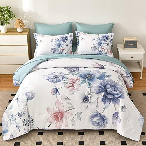 LLDSYW 7 Piece Bed in a Bag Queen Floral Comforter Set Botanical Flower Printed on Light Blue Bedding Set, Soft Lightweight Comforter with Sheet Set for All Season (Light Blue, Queen)