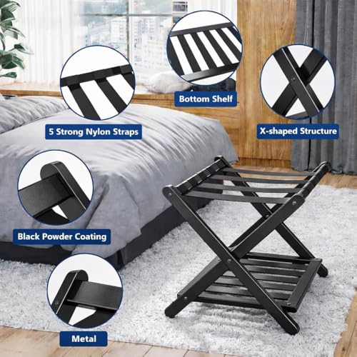 Image of Folding Luggage Rack for Guest Room Foldable luggage Racks for Suitcase Stand with Nylon Straps, Luggage Stand Double Tiers Metal Luggage Holder with Shelf for Bedroom, Hotel, No Assembly Required (Metal black powder coating)