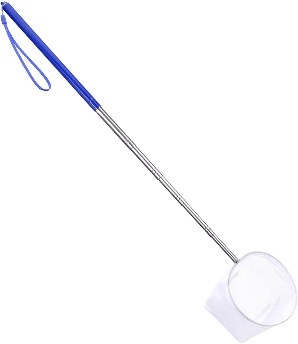 Red de acuario de 4 pulgadas, red de peces para pecera con mango de acero inoxidable extensible de 8.6 "a 39" de largo, red redonda azul para acuario pequeño, redes de camarones de malla fina para estanque, residuos de alimentos, desnatado para peces, camarones