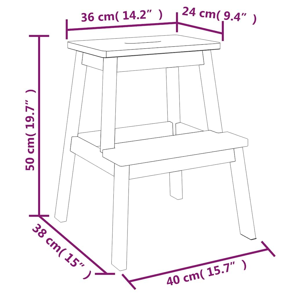 vidaXL Taburete 2 Peldaños Escalera Escalón Silla para Baño Cocina Salón Dormitorios Jardín Patio Madera Maciza de Acacia 40x38x50 cm