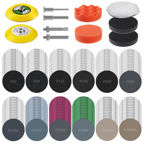 191Pcs 3 Inch Sanding Disc Drill Polishing Kit Sanding Attachment Assorted 60-10000 Grit Wet Dry Silicon Carbide Hook & Loop Sandpaper with Sanding Pads and Soft Foam Buffering Pad for Car Wood Metal