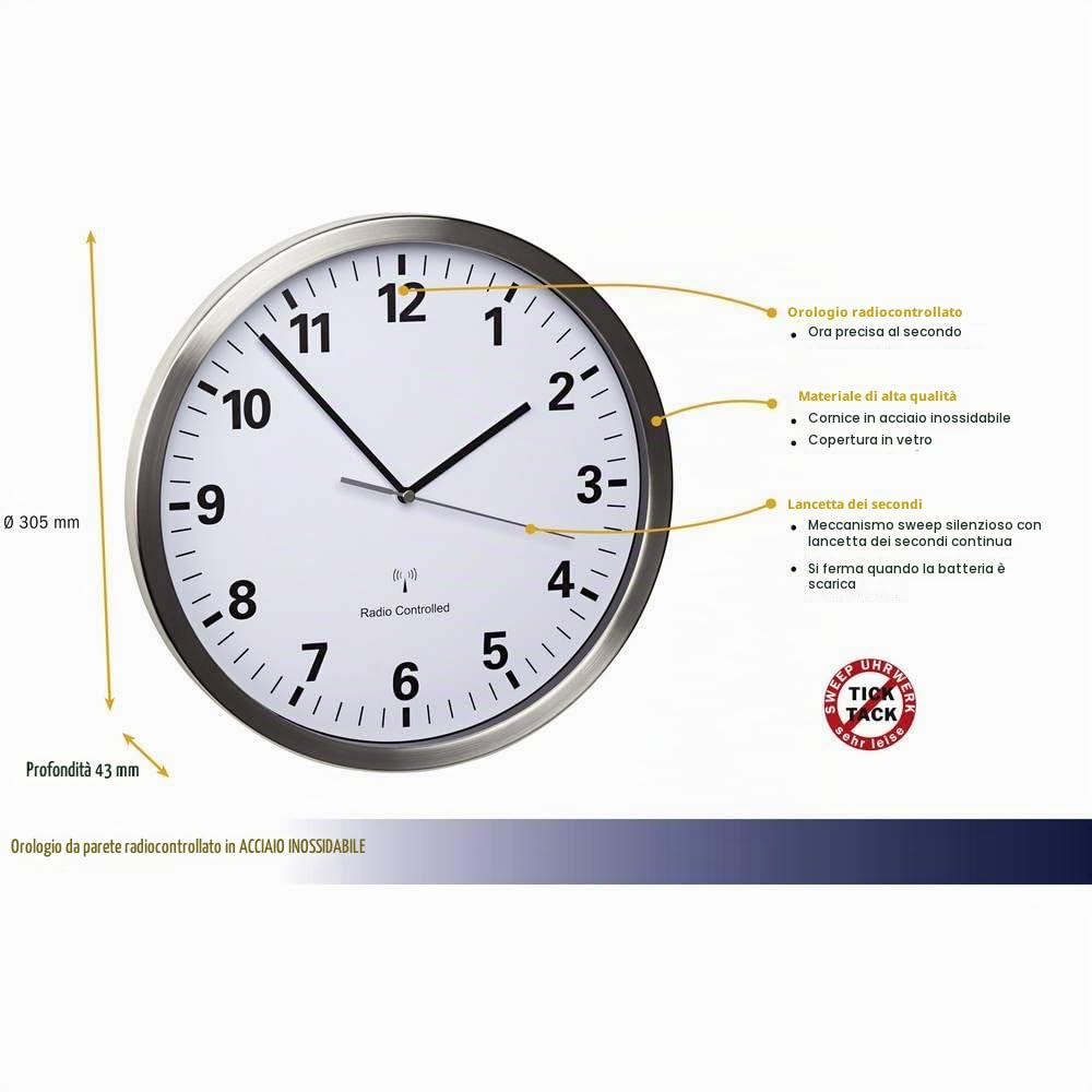 TFA Dostmann 60.3523 - Orologio radiocontrollato, da parete, analogico, con struttura in acciaio inox, grande, 30 cm di diametro, bianco