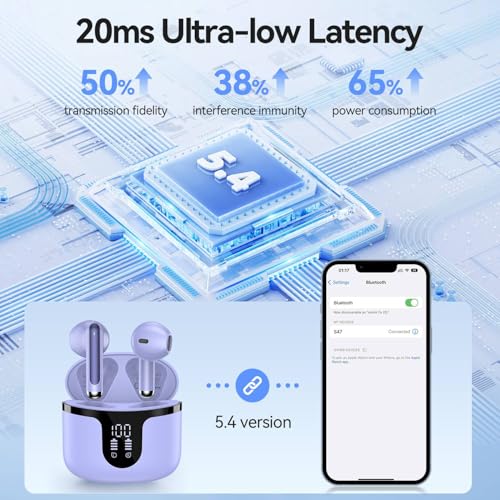 Image of Wireless Earbuds, Bluetooth 5.4 Headphones HiFi Stereo with 4 HD Mic, 50H Playtime Bluetooth Earbuds with Dual LED Display, IPX7 Waterproof Wireless Earphones, Touch Control Ear Buds,USB-C, Purple