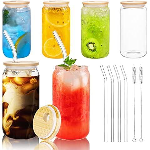 bemece [6PCS SET] Drinking Cups with Lids and Straws, 16oz Can Shaped Glass Cups, Iced Coffee Glasses, Beer Glasses, Cute Tumbler Cup for Soda Smoothie, Boba Tea, Cocktail, Gift - 2 Straw Cleaners Cover