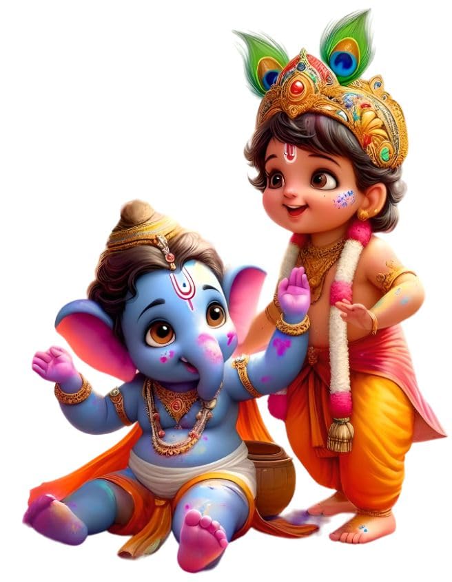 Ruhi Decor Baby Cute Bal Gopal Krishna with Ganesh Play Holi Color Wall Sticker PVC Stickers Waterproof Laminated Wall Stylish for Living Room (B0D9P3PZP8) Amazon Price History, Amazon Price Tracker