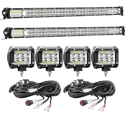 SAN YOUNG 30 Inch LED Light Bar Kits (2) 30 In Slim LED Light Bars (4) 4 Inch LED Pods (2) 3 Meters Wiring Harness 12V 24V Truck Car ATV RZR Tractor Work Lights Waterproof Off Road Driving Lights