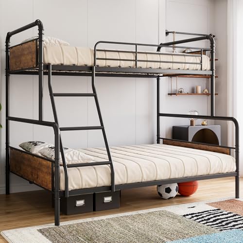 GarveeHome Metal Bunk Bed Twin Over Full Size with Angled Ladder, High Guardrail, Heavy Duty Bunk Bed Frame with Metal Slats, Smooth Rounded Edges, for Kids, Teens, Adults, Vintage Brown