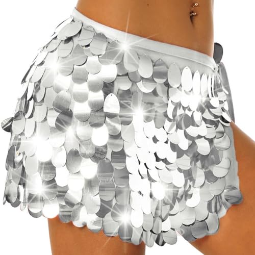 Nicute Big Sequin Skirt Mermaid Costume Sparkly Metallic Mini Skirt Belly Dance Rave Costume for Women (Silver)