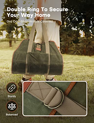 Steeleopard Firewood Carrier, Large Waxed Canvas Firewood Log Carrier, Fireplace Log Tote With Leather Handles Indoors, Extra Durable Fire Wood Bag For Firewood Hauling Outdoors, Camping (Olive) #TOP5