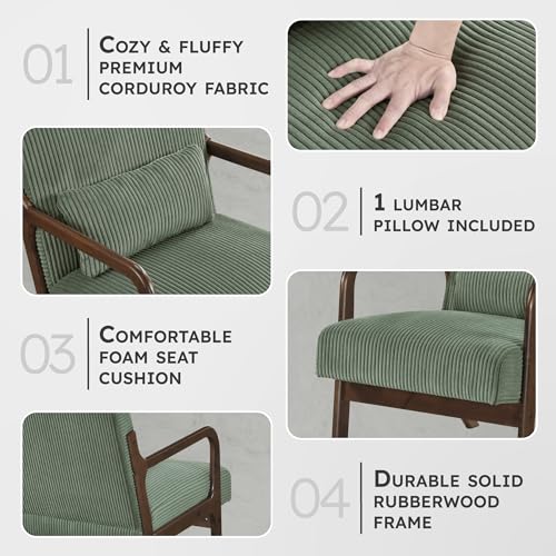 Lexicon Mid Century Modern Accent Chair-with Solid Wood Armrests and Legs, 1 Lumbar Pillow, Cushioned Seat and Backrest, Corduroy Comfy Lounge Arm Chair for Living Room, Bedroom, Office, Green by Lexicon - Used condition - Image 2