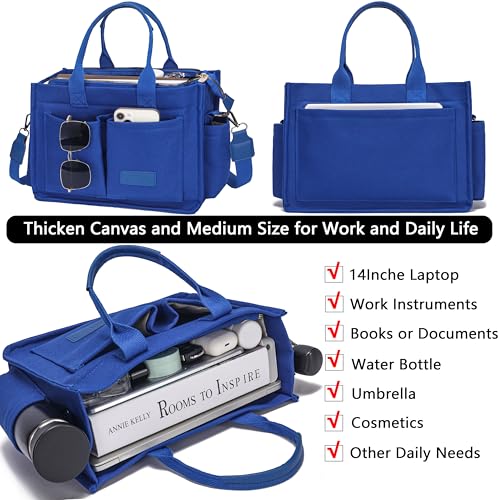 ZHMO Canvas Tote Bag for Women With Compartments and Zipper,Blue Women's Bags Crossbody Bags Work Laptop Tote Bag Large Satchels Handbags Tote Purse Everyday Shoulder Bag for Travel Nurse Teacher Gift by ZHMO - Used condition - Image 4
