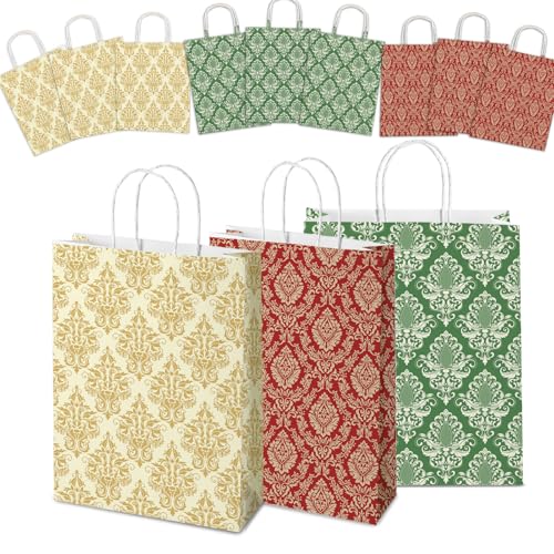 Kihraw Vintage Christmas Gift Bags - Large 11" Bag with Handles - Reusable and Perfect For Your Xmas Presents Gifts Paper Bags for Christmas Holiday New Year Party Favors Supplies 12PCS