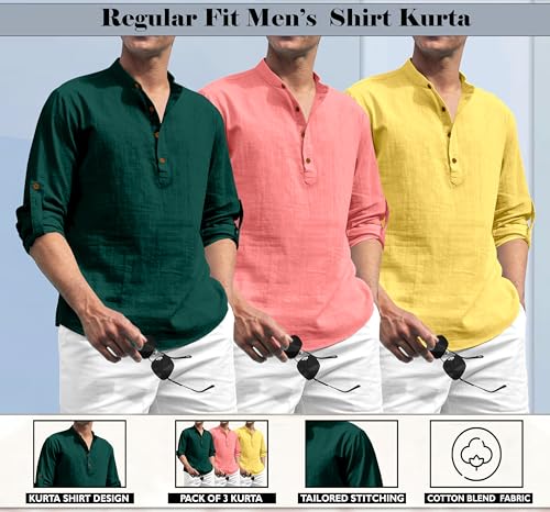 Image of Zombom Combo of Men's Solid Cotton Polyester Blend Full Sleeve Mandarin /Chinese Collor Straight Kurta Shirt (Pack of 3)
