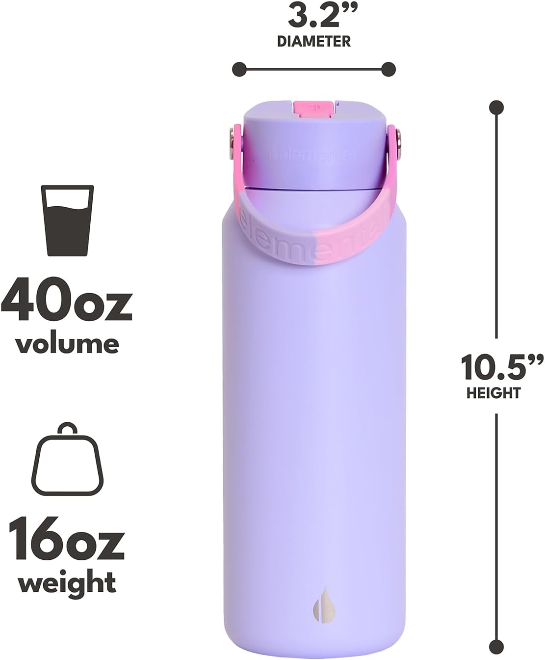 Elemental 40oz Insulated Water Bottle with Straw - 100% Leak-Proof Stainless Steel Core Water Bottles for Travel, Sports and Gym - Double Wall Insulation & BPA Free - Lilac Tie Dye - Image 2