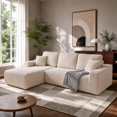 HOMRELEXA 267cm Ecksofa mit Schlaffunktion Corduroy Boneless Couch Modulares Schlafsofa L Form 75cm Sitztiefe Sofa 3 Sitzer mit Chaiselongue Montagefrei Wohnlandschaft Beige